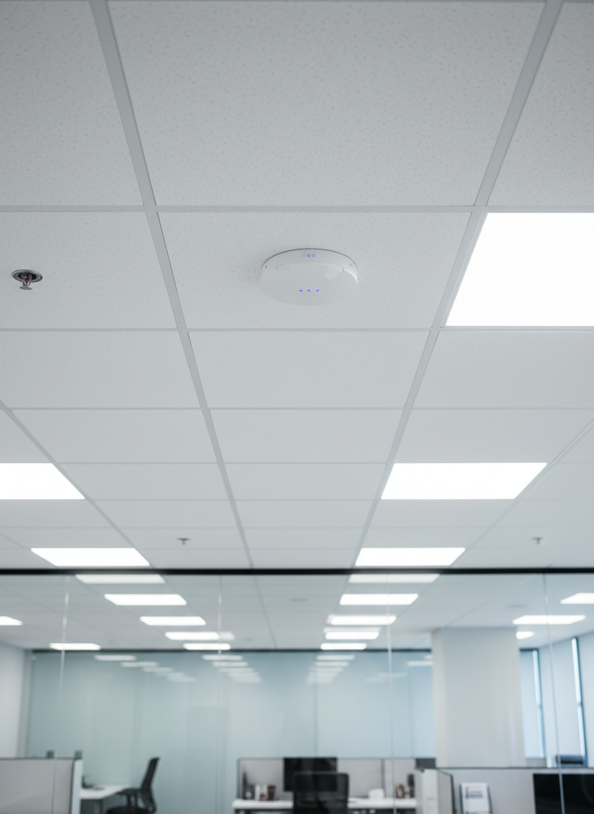 A ceiling-mounted wireless access point installation in a commercial office suite, featuring a low-profile white WAP centered precisely within a drop ceiling tile, with the surrounding grid aligned perfectly. The ceiling tiles are bright, clean, and uniform, with a single nearby sprinkler head and LED troffer providing contextual detail. Cool, even office lighting produces a soft, shadow-free environment, allowing the access point’s subtle contours and indicator LEDs to stand out. Photographic realism from a slightly low, upward-looking angle emphasizes symmetry and coverage, while the softly blurred hints of glass partitions and workstations below suggest a high-performing, well-designed wireless network for busy Atlanta businesses.