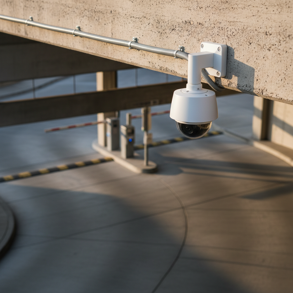 An elevated, wide-angle photographic view of a commercial parking garage entrance with a robust, weatherproof CCTV camera mounted under a concrete overhang, aimed toward the driveway. The camera’s white metal housing and sun shield contrast sharply against the textured gray concrete, with armored cabling discretely routed in painted conduit along the beam. Late afternoon natural light spills in from the open garage entrance, creating soft, directional illumination and defined but gentle shadows along the structure. The composition uses the rule of thirds to place the camera prominently in the frame while the driveway and gate control equipment recede into a slightly blurred background, conveying security, vigilance, and professional exterior surveillance installation for property managers.