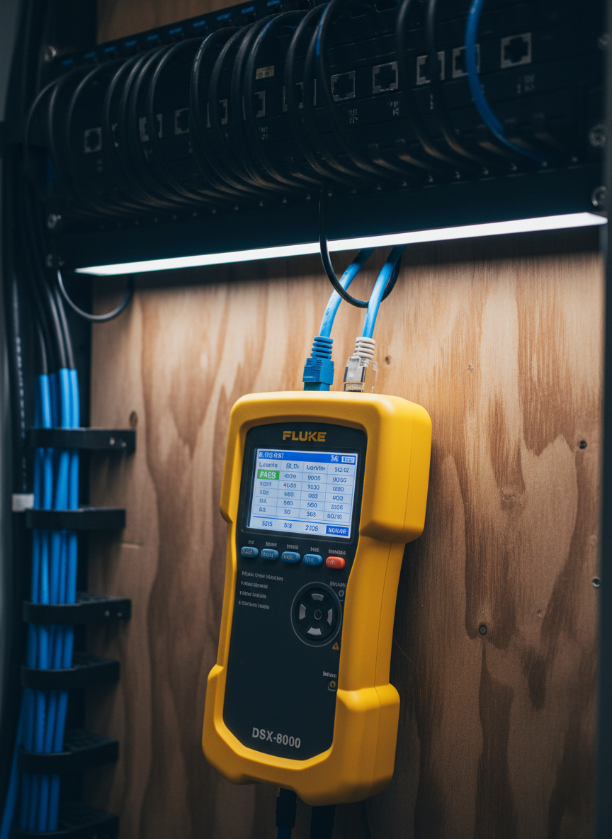 A detailed, photographic close-up of a Fluke network cable tester resting on a smooth, unfinished plywood backboard in an MDF, its rugged yellow casing contrasted against the natural wood grain. A flawlessly terminated blue Cat6A cable is plugged into the tester’s port, with the opposite end disappearing into a neatly organized patch panel above. The tester’s screen glows softly with a visible “PASS” result and clean certification data. Focused LED work lighting from above creates crisp highlights on the tool and subtle shadows around the backboard’s edges. The composition, framed from a slightly angled top-down viewpoint, emphasizes verification, quality assurance, and professional standards in low voltage installations.