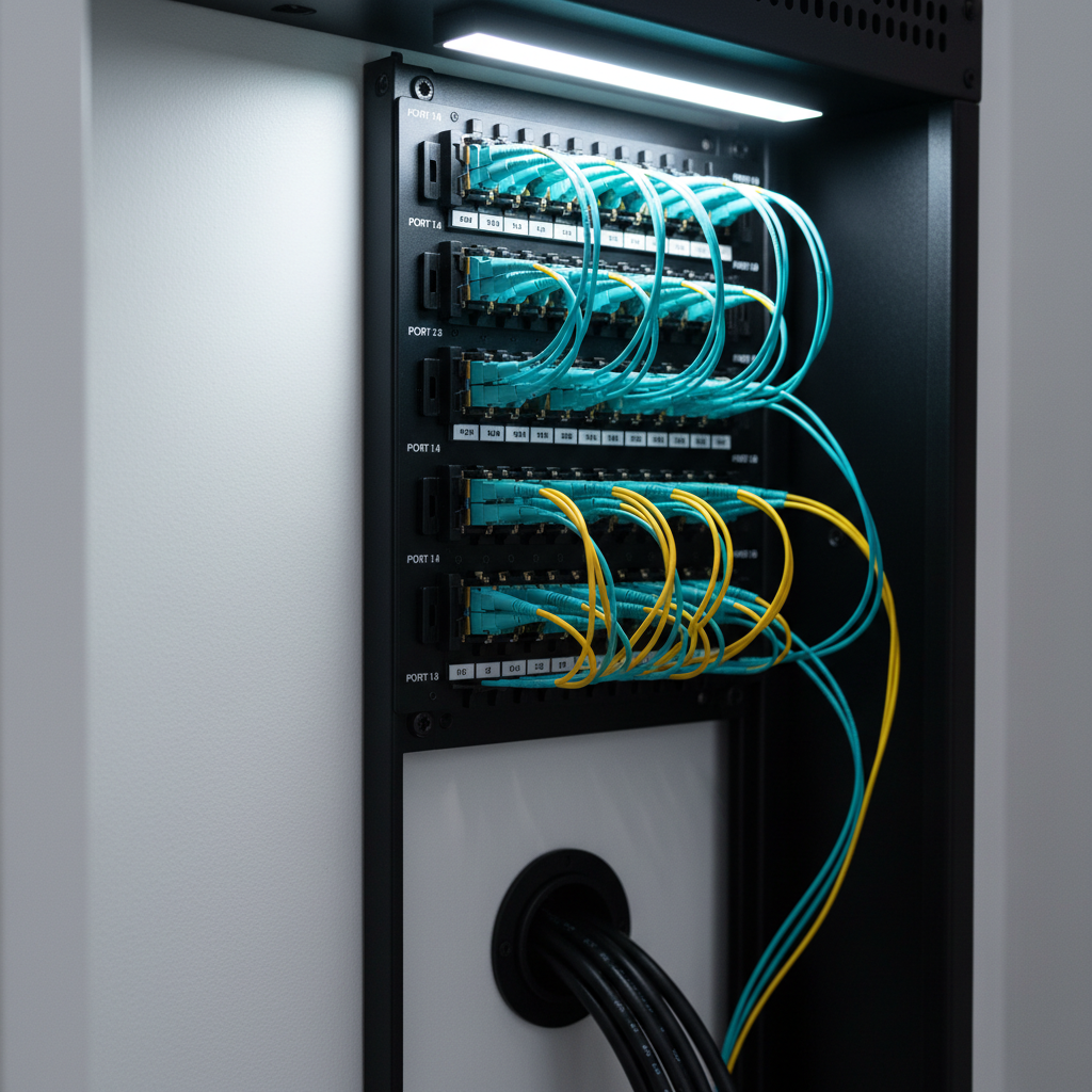 A close-up, photographic-realistic view of a fiber optic termination panel inside a black wall-mounted rack, showcasing meticulously arranged aqua and yellow fiber jumpers plugging into labeled LC connector ports. Each cable is gently curved with precise bend radius control and secured with small, black cable managers. The panel is mounted on a clean white MDF wall, with a tidy bundle of incoming fiber entering through a grommeted opening below. Cool, focused LED task lighting from above creates gentle highlights on the polished connectors and subtle shadows along the fiber paths. Shot from a slightly angled macro perspective with shallow depth of field, the background softly blurs, emphasizing craftsmanship, precision, and high-performance connectivity.