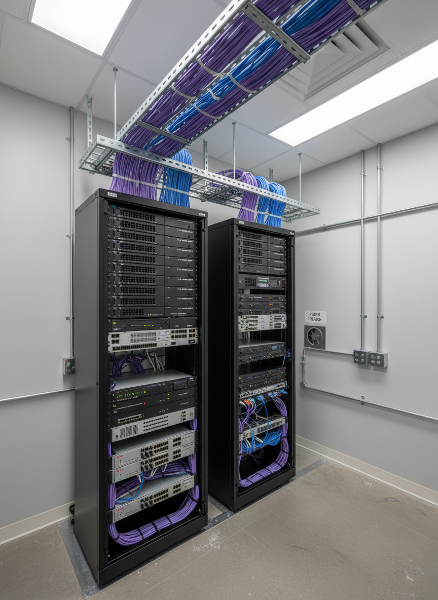 A panoramic, photographic-realistic view of a fully built-out IDF room in a commercial building, showing dual 42U black network racks side by side, each filled with neatly labeled patch panels, switches, and structured cabling. Overhead ladder racks carry bundled purple, blue, and white Cat6 cables, all aligned in straight, disciplined paths. Rigid metal conduit and surface-mount raceways run cleanly along a freshly painted light gray wall, with a clearly marked fiber entry point. Bright, uniform LED ceiling lights create a crisp, shadow-minimized environment that highlights craftsmanship and organization. Shot from a slightly elevated corner angle, the composition captures the full depth and width of the room, conveying readiness for large-scale tenant buildouts and dependable infrastructure.