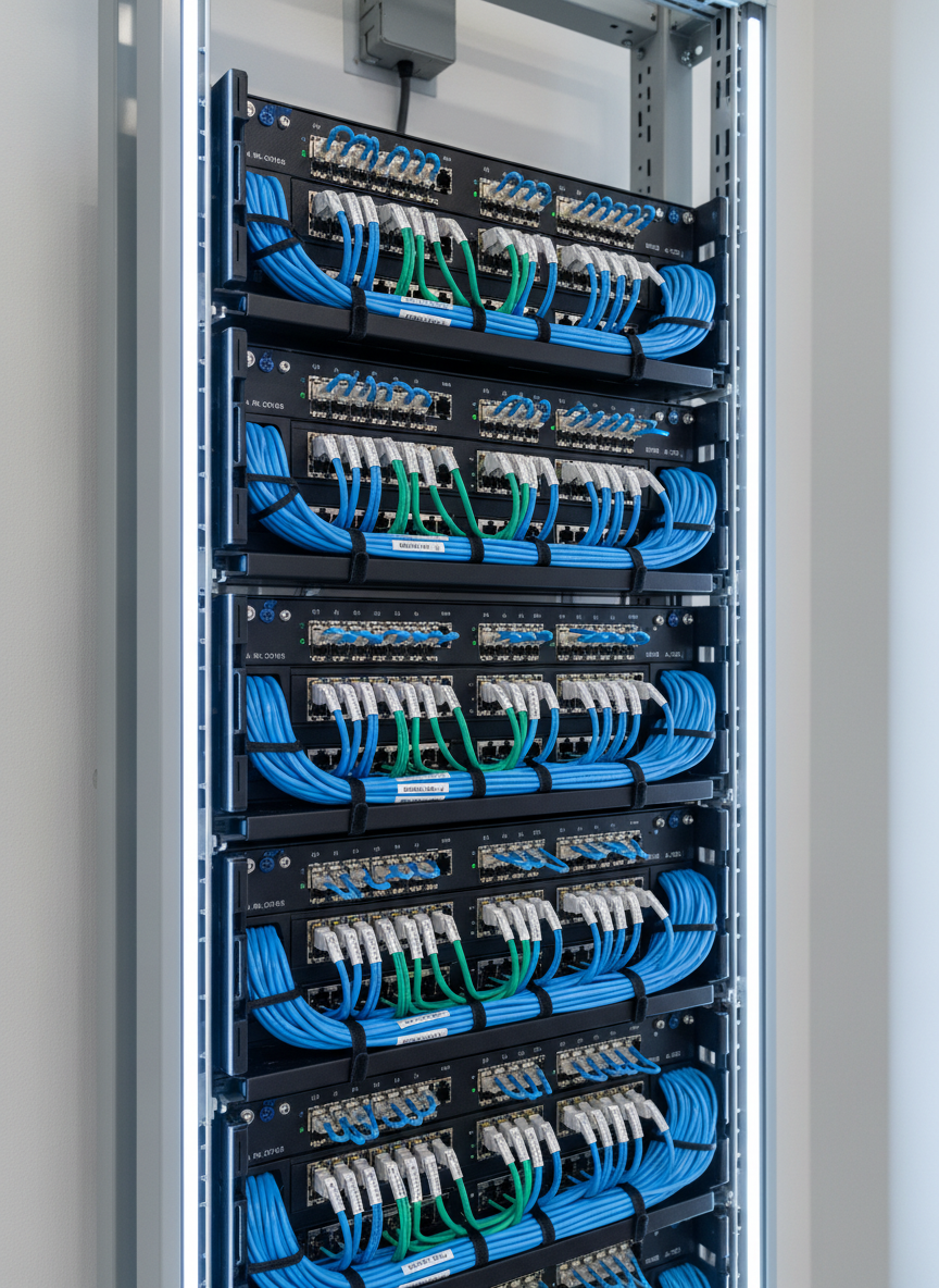 A close, photographic-realistic shot of a structured cabling termination detail on an open rack, featuring multiple rows of black patch panels with precisely punched-down blue, white, and green Cat6 cables on the rear. Each cable is bundled with black velcro, labeled with clear, printed identifiers, and routed through horizontal and vertical managers with perfect alignment. The rack stands against a matte white MDF wall with a small, gray conduit box above. Cool, focused LED strip lighting along the rack edges casts clean highlights on the connectors and subtle shadows between cable bundles. Captured from a slightly off-center side angle with moderate depth of field, the image exudes technical excellence and meticulous craftsmanship for commercial network infrastructure.