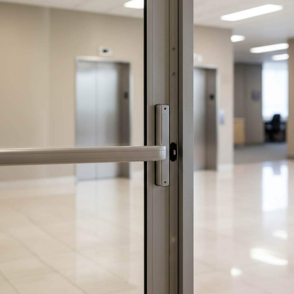 A secure glass entry door of a modern commercial building fitted with a sleek brushed-aluminum card reader and electric strike, with cabling neatly concealed in a painted metal raceway along the door frame. The door features a heavy-duty metal frame set into a smooth, neutral-toned lobby wall, with a clean, polished tile floor reflecting subtle highlights. Soft, diffused daylight filters through the glass, creating calm, even lighting with delicate reflections on the reader’s surface. Captured at eye level in photographic realism with an asymmetrical composition, the focus rests sharply on the access control hardware while the lobby interior and elevator bank beyond gently blur, evoking reliability, professionalism, and controlled building access.