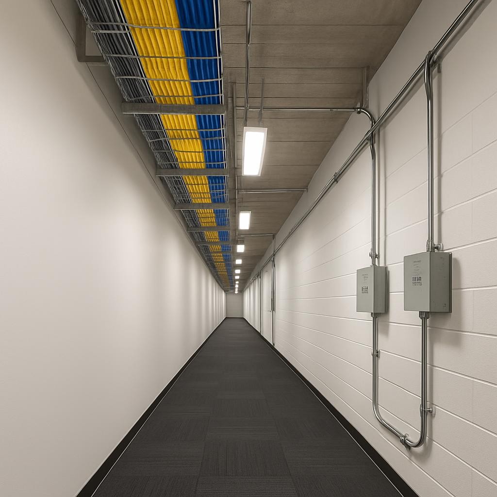 A long, pristine corridor in a modern Atlanta office building with an open cable tray running neatly along the exposed concrete ceiling, filled with carefully bundled yellow and blue fiber and Cat6A data cables. Below, clean white walls and dark commercial carpet tiles create a sharp contrast, while labeled junction boxes and conduit bends align perfectly along the path. Neutral overhead LED panel lighting casts even, diffused light, producing subtle shadows that accentuate the symmetry of the installation. Photographic realism from a low, down-the-hall perspective draws the eye toward a softly blurred vanishing point, creating a calm, professional mood that emphasizes organized, large-scale structured cabling work for commercial spaces.